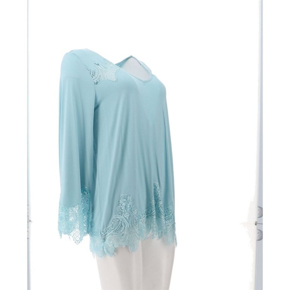 Colleen Lopez Long Bell Sleeve Lace Inset Porcelain Blue XL Blouse - Picture 13 of 13